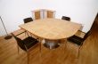 Meeting table and side board in Burr oak and ribbed aluminium chairs